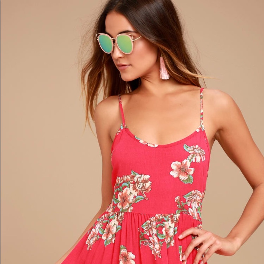 Lulu’s Posy Promenade Red Floral Print Lace-Up Dress